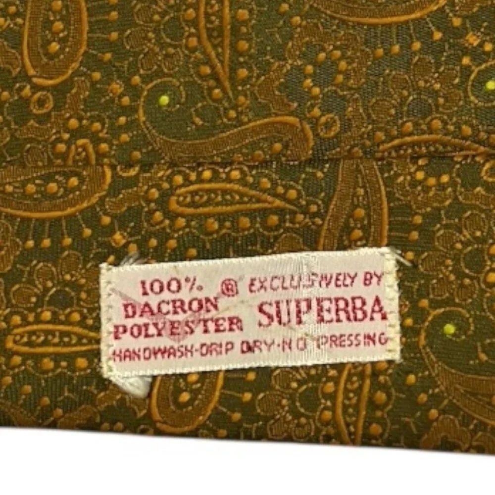 Vintage 1960s Superba Dacron Polyester Tie Olive Green Gold Paisley 54